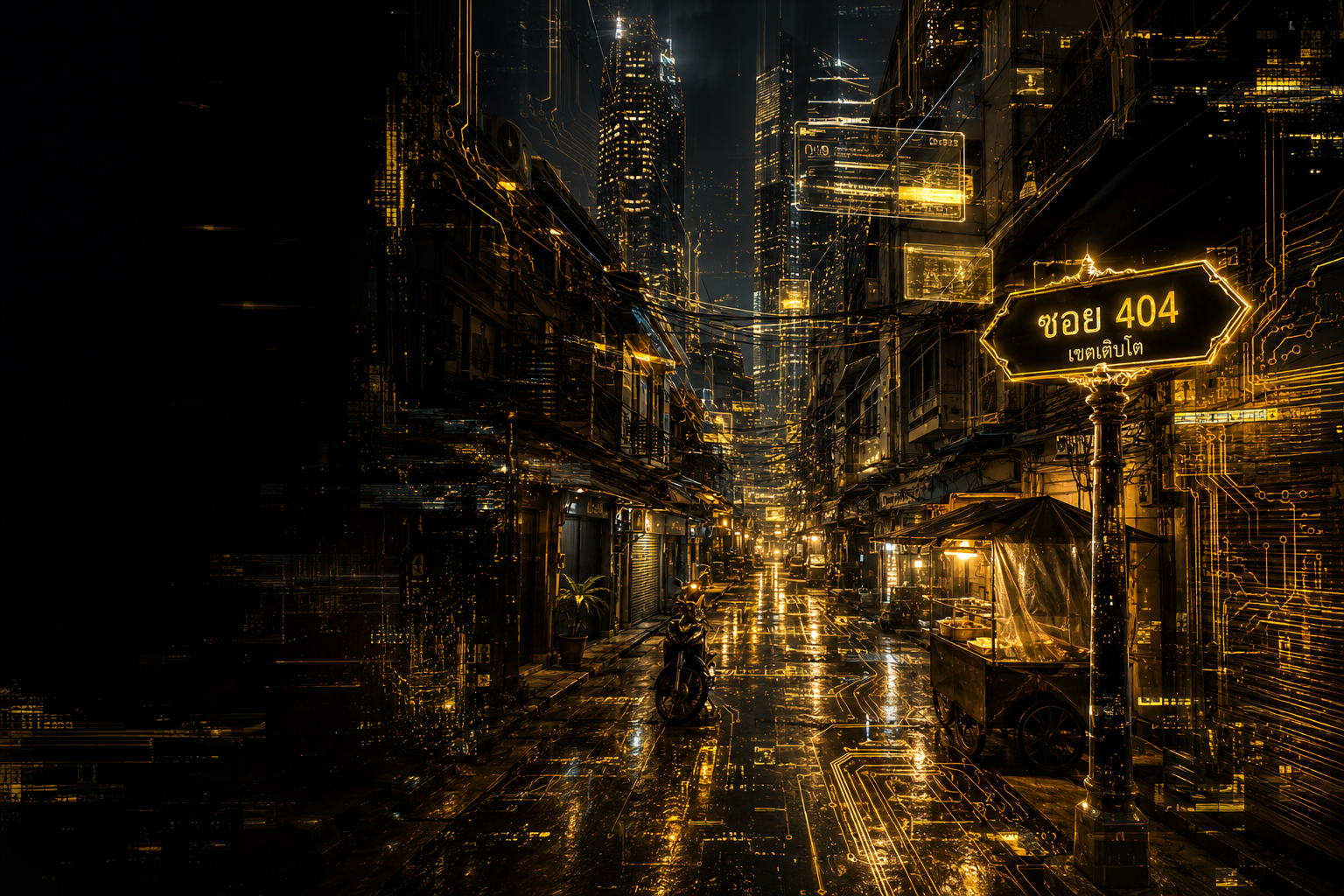A neon-lit Bangkok alley at night, threaded with glowing gold circuit traces, with a ซอย 404 street sign